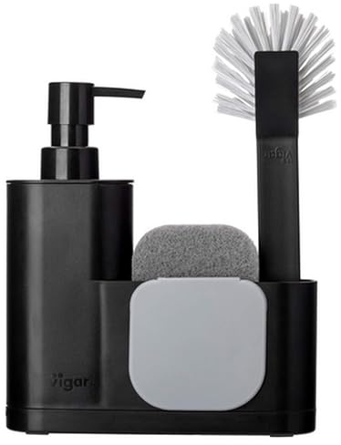 Vigar - Set évier - éponge, Brosse, spatule et Distributeur de Savon - 18,5 x 5 x 26 cm - Monobloc - Réservoir de 350 ML - sans Rayure - Noir
