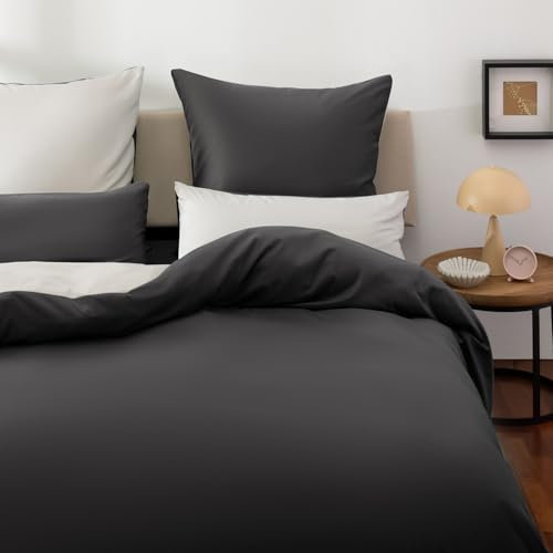 Blumtal Premium Bettwäsche 220x240 Sommer + Kissenbezug 80x80 cm 3er Set - Oeko-TEX zert. Sommer Bettwäsche 220x240 wendbar - zweifarbiger Mikrofaser Bettbezug Hellgrau/Anthrazit
