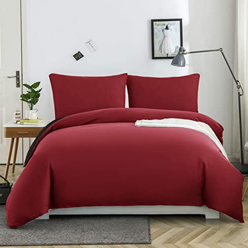 AYSW Bettwäsche gebürstet Microfaser 1 Bettbezug 200x200cm + 2 Kopfkissenbezug 80x80cm mit Reißverschluss Burgunderrot/Schwarz