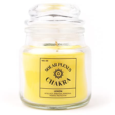 Myga Duftkerze – Solar Plexus Chakra Kerze mit Sojawachs & ätherischen Ölen Mischung, 100% vegan und umweltfreundlich, perfekt für Entspannung, Yoga, Meditation & Aromatherapie – Zitrone