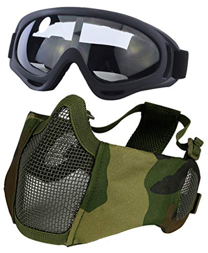 Yzpacc Airsoft Maske mit Schutzbrille, faltbar, halbes Gesicht, Airsoft Mesh Maske mit Ohrenschutz für Paintball Shooting Cosplay CS Spiel (Camouflage Grün & Schwarz)