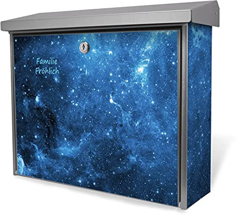 banjado® Burgwächter Briefkasten Edelstahl 38,5x31,5x12cm mit Motiv Universum/Briefkasten Edelstahl ohne Zeitungsfach/Briefkasten grau/Postkasten inkl. Montagematerial & 2 Schlüsseln