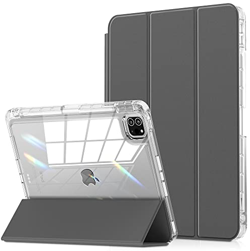 INFILAND Hülle für iPad Pro 11 Zoll 2022/2021/2020/2018 (4./3./2./1. Generation), kristallklare Rückseite & Rahmen [Anti-Vergilbung] + Bleistifthalter, Dunkelgrau