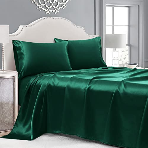 Cobedzy Dunkelgrünes Satin-Bettwäsche-Set, 4-teilig, seidig weiches Satin-Bettwäsche-Set mit tiefen Taschen, extra glattes und luxuriöses Mikrofaser-Bettlaken für Haar und Haut (Dunkelgrün)