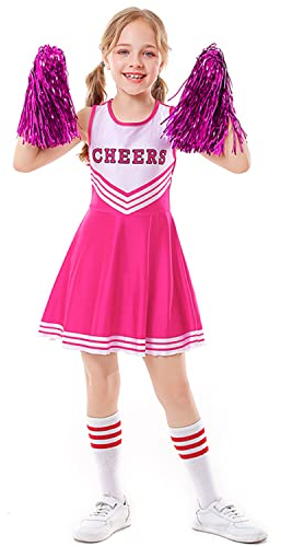 LOLANTA Cheerleader Kostüm Kinder, Cheerleadering Outfit Mädchen mit Pompons(11-12 Jahre,Rosa,Tag S/160)