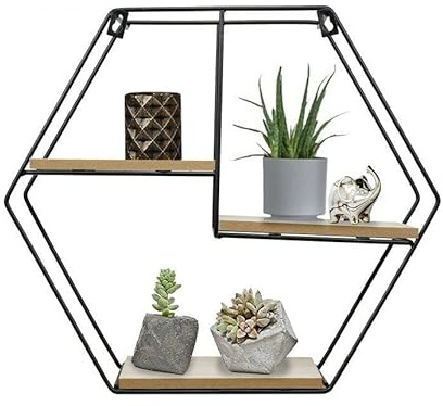 KF-Premium Contemporary Black Metal Wire Hexagon Multi Shelf Wall Display Storage Unit Geometric Holder Wood Rack-Shelves Grid Design Retro Mounted Hanging Unique