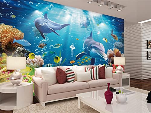 XAONUO Selbstklebendes Wandbild 360X250Cm 3D Wandtattoo Wandsticker Schlafzimmer Blau Strand Delfine Koralle Wanddeko Wandaufkleber Wohnzimmer Tapete Wasserdichtes Pvc Wandbild Hintergrund
