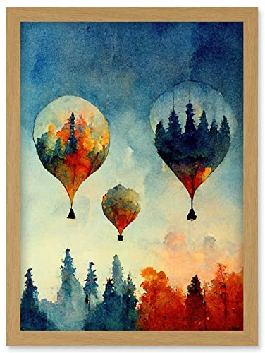 Doppelganger33 LTD Forest Reflections On Hot Air Balloons Watercolour Artwork Framed Wall Art Print A4