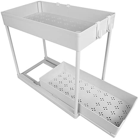 MINGYI Rangement sous Évier à 2 Niveaux, avec Tiroir Coulissant et 4 Crochets, Étagères à Épices, Étagère Rangement pour Cuisine, Bureau, Salle de Bain (Blanc, 40×22×30,5 cm)