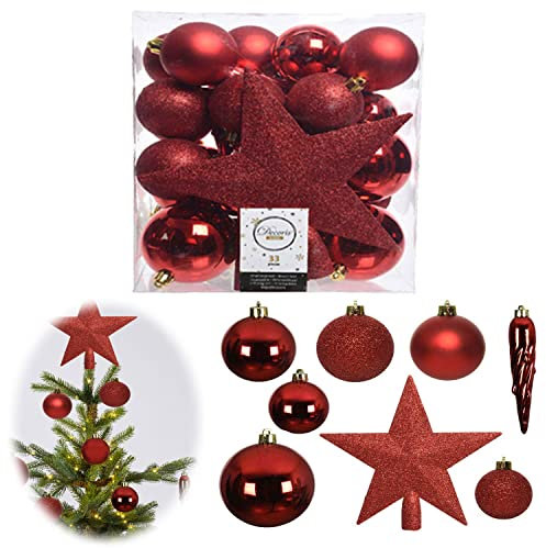 Christbaumkugeln Weihnachtskugeln 33 Stück Rot Weihnachtsrot Set Ø 5cm 6cm 8cm Kunststoff Mix mit Sternspitze