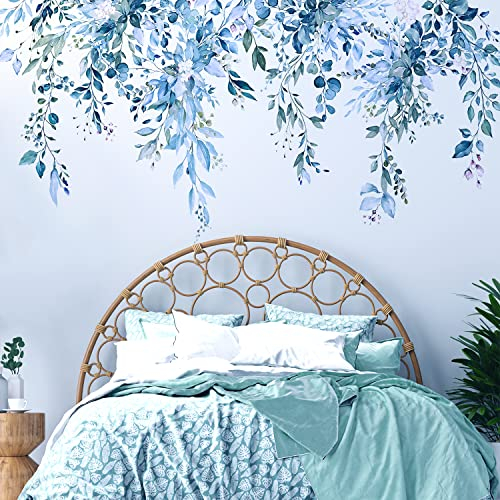 VePret Blue Plants Leaves Wall Decals Peel and Stick, Large Floral Flower Leaf Vinyl Wall Stickers, Removable Vine Home Decor Art for Bedroom Living Room Classroom Office