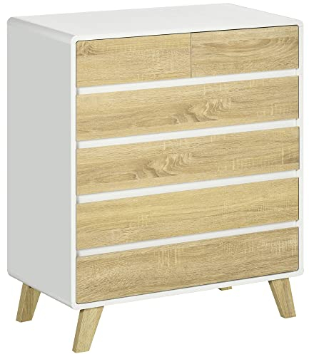 HOMCOM Kommode mit 6 Schubladen, Schubladenschrank, Sideboard, Beistellschrank mit Kippschutz, für Wohnzimmer, Schlafzimmer, Weiß+Natur, 80 x 40 x 95 cm