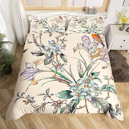 Floral Duvet Cover Set Double Size, Watercolor Leaves Flowers Birds Bedding Set 3pcs for Kids Girls Bedroom Decor, Botanical Plants Comforter Cover Soft Polyester Quilt Cover with 2 Pillowcases