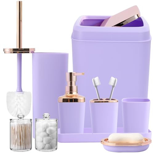 XLHOMO Set di accessori da bagno da 9 pezzi, set di accessori da bagno viola completo di bidone della spazzatura, vassoio, dispenser di sapone, portaspazzolino, portaspazzolino, portasapone, scopino e