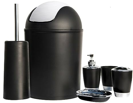6pc Bathroom Accessories Set Bin Soap Dispenser Dish Toothbrush Tumbler Toilet Brush Holder Modern Vanity Organiser Kit For Home & Hotel (Black)