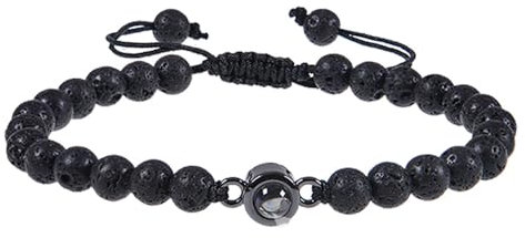 Lam Hub Fong Personalisiertes Foto Projektions Armband mit perlen Benutzerdefinierte Armband mit Bild Geschenk für Männer Familie (Schwarz A)