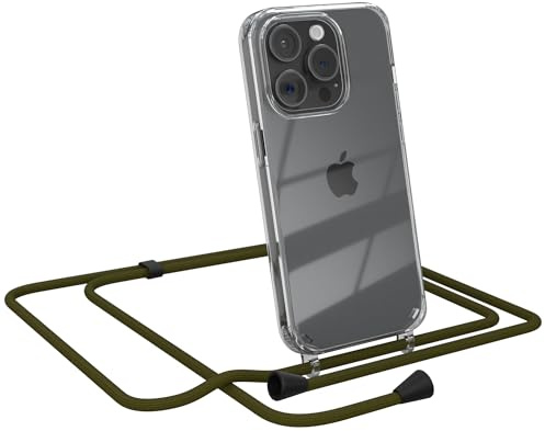 EAZY CASE Handykette kompatibel mit iPhone 15 Pro Handyhülle mit Umhängeband, Handykordel mit Schutzhülle, Silikonhülle, Hülle mit Band, Stylische Kette für Smartphones, Grün - Clips Schwarz