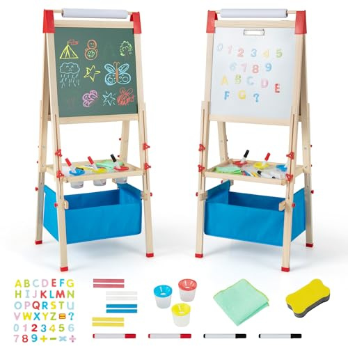 DREAMADE Tableau Enfant 3-8 Ans 3 en 1, Tableau Noir & Blanc Magnétique, Réglable en Hauteur, Chevalet Enfant avec Rouleau de Papier, Accessoires de Peinture, Sac de Rangement