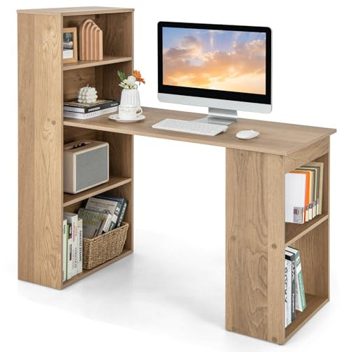 SFAREST Wooden Computer Desk, 122cm PC Laptop Writing Table with 6-Tier Storage Shelves, Modern Working Study Workstation for Home Office (Natural)