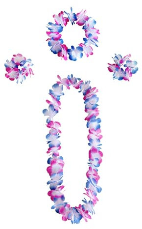 duoyif Colliers de Fleurs Hawaïennes Hula Luau Collier Bracelet Bandeau Hawaïen Colliers Fleurs Hawaïen pour Carnaval Fêtes sur la Plage Hawaïenne Pom-Pom Anniversaires (M Bleu Rose)