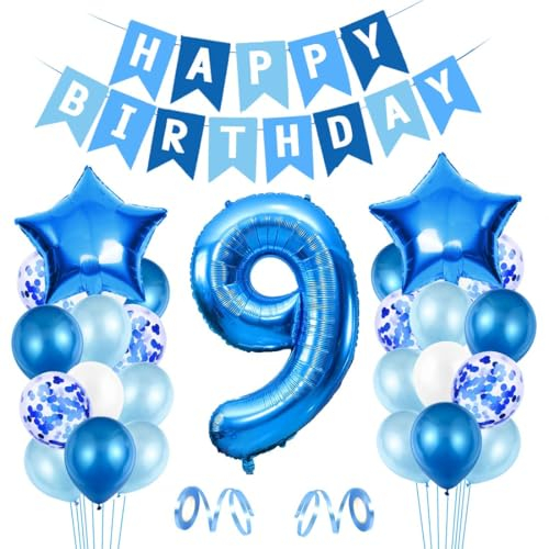 Luftballon 9. Geburtstag Blau - Happy Birthday Folienballon, Riesen Folienballon Zahl 9, Ballon Deko, Geburtstagsdeko Jungen 9 Jahr