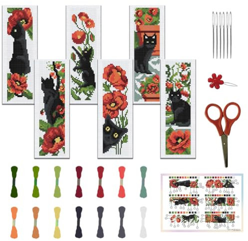 FREEBLOSS 6 Teiliges Kreuzstich Lesezeichen Set, Katze, Gestempelte Stick Lesezeichen, Anfänger Stickset Mit Anleitung, Gezähltes Kreuzstich Set Für Handstickerei, Erwachsene