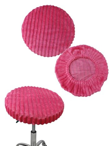 Bestenrose Hockerbezug Rund 2 Stück Plüsch gestreift Bezug für Barhocker Stuhlhussen PU Sitzkissen Bürostuhl Hocker Bezug Sitzkissenbezug für Esszimmerstühle Runder Hocker (Rosarot, X-Large)