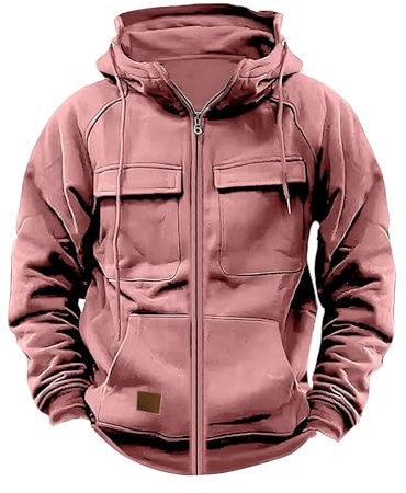 YCBMINGCAN Cargo Jacke Fall Hoodie Herren Einfarbig Langarm Sweatjacke Mit Reißverschluss Kapuzenpullover Loose Fit Tops Herren Zip Up Hoodies Männer Leicht Kapuzenjacke Outdoor (Pink #1, XL)
