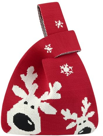 ANIMQUE Weihnachten Geschenk Tasche Damen Häkeln Tragetasche Elch Weihnachtsmotiv Kinder Geschenktüte Süßigkeiten Tüten Gestrickt Ärmel Knoten Tasche Tragbare Tote