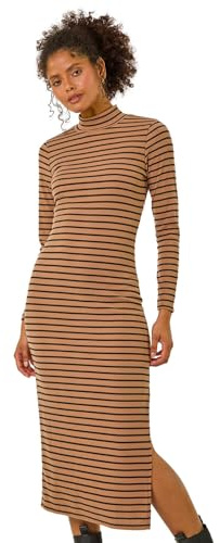 Roman High Neck Stripe Bodycon Midi Dress for Women UK - Ladies Autumn Everyday Winter Holiday Long Sleeve Soft Ribbed Fabric Frock Cozy Gowns