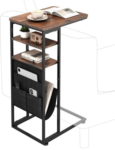 ZEXVIDA C Shaped Side Table, 3 Tier Sofa End Tables with Storage Bag, Sturdy Slide Under Sofa Slim Side Tables with Metal Frame for Small Spaces, Living Room, Bedroom, Industrial (Rustic Brown)