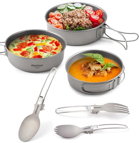 Aomiun Titanium Camping Utensil Set 6PCS - Ultralight Bowls with Folding Handle, Spoon, Fork, Durable & Non-Corrosive Outdoor Cookware for Backpacking, Hiking, Survival Gear