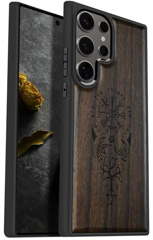 Carveit Natürlich Holz Handyhülle für Samsung S25 Ultra hulle [Einzigartiges Design Cover] Stoßstange Case Kompatibel mit Galaxy S25 Ultra Hülle（Dunklesholz-Wikingerkompass Vegvisir）