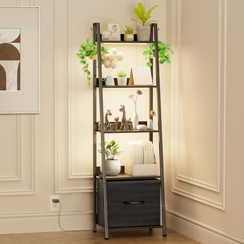 OUTONLIFE 5-Tier Ladder Shelf, Bookshelf with LED Light & Drawer, Narrow Freestanding Bookcase, Industrial Display Shelves with Metal Frame, Wooden Storage Shelving Unit for Living Room, Bedroom