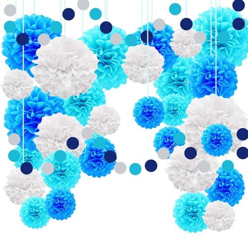 30PCS Papierblumen Pompoms Partydeko TREABEAR, Deko Karneval Seidenpapier Pompons, Geburtstagskranz Pompoms Seidenpapier Blau, Pompons Deko und Luftschlangen Blau Deko für Kommunion Geburtstag