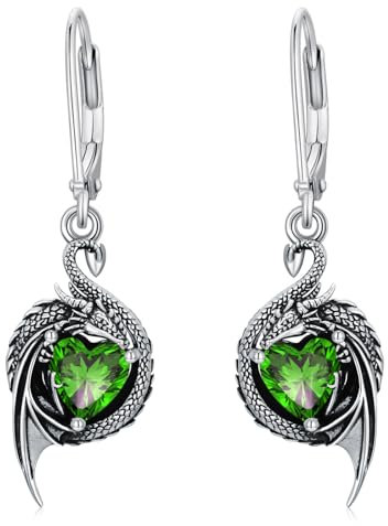 LONAGO Drache Ohrringe für Damen 925 Sterling Silber Schwarzer Drache mit Geburtsstein im Herzschliff Ohrhängern (August)