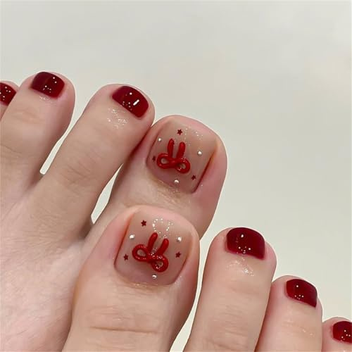 Short Toe Press-On Fake Nails Wine Red Bowknot Nail Art Decoration Glossy Pedicure for Women and Girls 24pcs