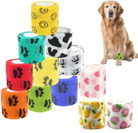 12 Pièces Bandage Autoadhésif,Pansement Chien Anti Lechage,Bande Auto Agrippante,Bande Cohesive,Pour Chiens Chats Animaux Bande Cohesive Bandage Autoadhésif Bandes Adhésifs