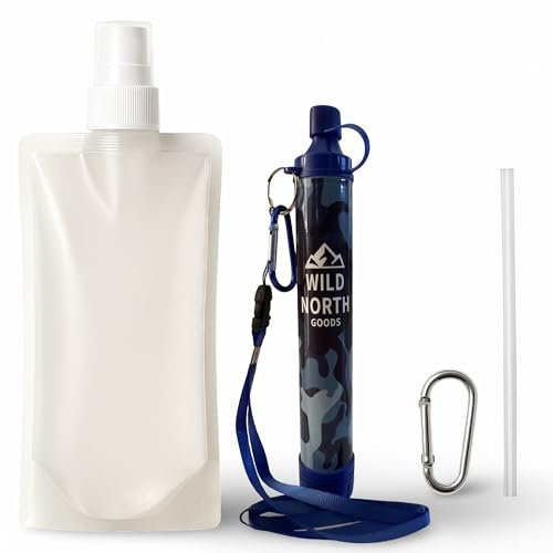 Wild North Goods - Personal Water Filter Straw - Portable Water Purification for Hiking, Camping, Travel, Outdoors & Emergency Use - Includes Bottle, Straw & Carabiners