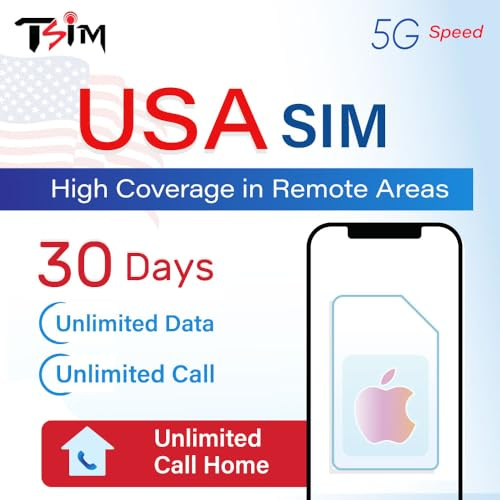 USA SIM-Karte für Touristen – Unbegrenztes 5G-Datenvolumen + Unbegrenzte Anrufe & SMS | Hohe Abdeckung in abgelegenen Gebieten | 30-Tage-Plan | US-Nummer & 10 GB Hotspot | Für iPhone entwickelt