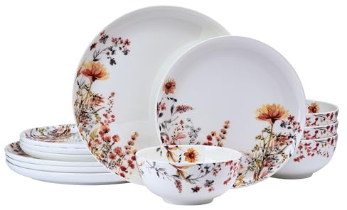Mikasa Wildflower Bliss 12 Piece Floral Bone China Durable Chip Resistant Lightweight Dinnerware Set, Service for 4
