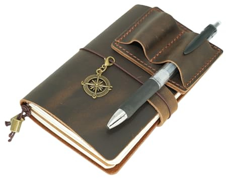 JJNUSA Läder A6 3,5 tum x 5,5 tum resedagbok handgjort äkta läder journal omslag 9 x 14 cm påfyllningsbar resedagbok fodral med innerfickor och kortfack och pennhållare mörkbrun