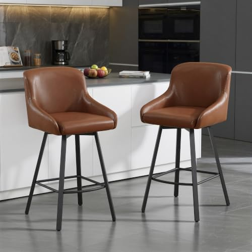 YUUIJOAA 360°Drehstuhl Barhocker 2er Set, 66,5 cm Hochlehner Barhocker mit Fußstütze, Drehstuhl Küchenstuhlaus Wasserfestem für Kücheninsel & Bar, Belastbar bis 150 kg,braun