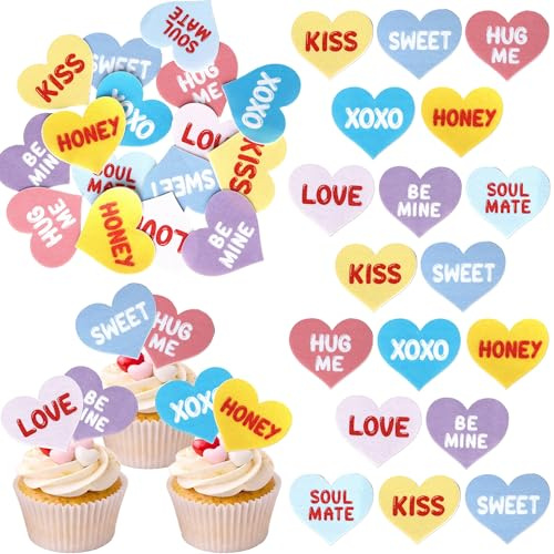 64 Stück Essbare appy Valentine's Day Cupcake Toppers Essbar Süße Liebe Be Mine Tortendeko Waffelpapier Kiss Me Love Kuchen Deko für Valentinstag Thema Geburtstag Party Kuchen Dekorationen Buntes Neu