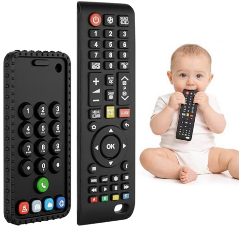 DiULi Beißring Baby, Zahnungshilfe aus Silikon, Beißspielzeug für Jungen und Mädchen, Zur Geburt Sicheres Babyspielzeug, Fernbedienung Version, Kombipackung (lang/kurz), Schwarz