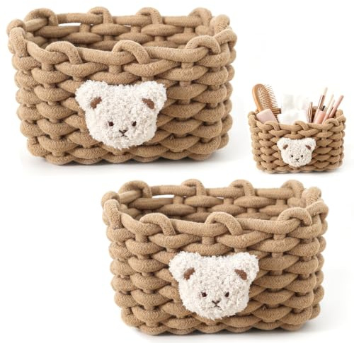 2 Stück Aufbewahrungskorb Geflochten Baumwolle Strickkorb, 20x15x13 cm, Organizer Klein Körbchen mit Bärenmotiv Aufbewahrungskorb, Körbe Schateln für Babyzimmer Schlafzimmer Wohnzimmer (Braun)