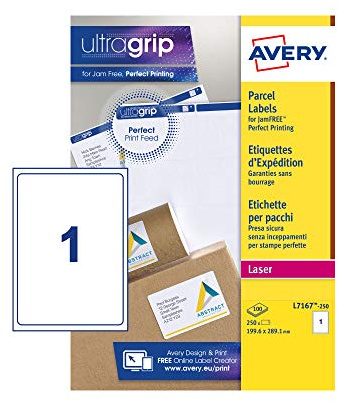 Avery L7167 Printable Parcel Labels, 199.6 x 289.1 mm (A4 Full Sheet), UltraGrip Alignment, JamFREE Laser Printing, 250 White Labels (L7167-250)
