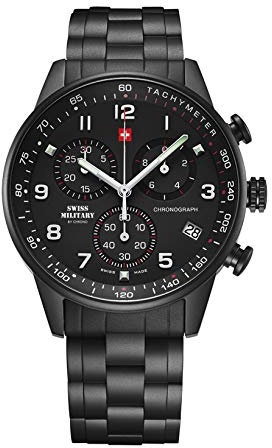 Swiss Military by Chrono Herren Uhr Chronograph Quarzuhrwerk mit Edelstahl Metallarmband Analoge Herrenuhr Armbanduhr Schwarz SM34012.04