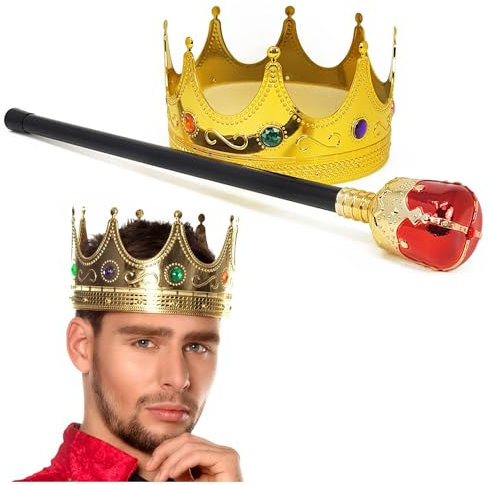 com-four® royales Set mit Zepter und Krone für König und Königinnen Kostüm für Fasching, Karneval und Halloween (Krone Zepter 2 Teilig)