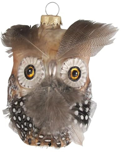 Krebs Glas Lauscha - Weihnachtsdekoration/Christbaumschmuck aus Glas - Weihnachtsbaumanhänger Eule - Motiv: Eule Federapplikation - Größe: ca. 10 cm